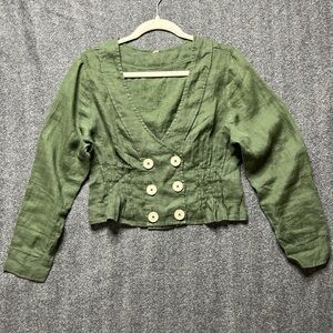 Free People Deep Green Linen Long Sleeve Crop Blazer Style Top